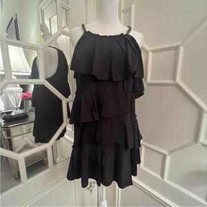 BCBG Black Tiered Ruffle Halter Top Stretch Metal Beads - Size 8